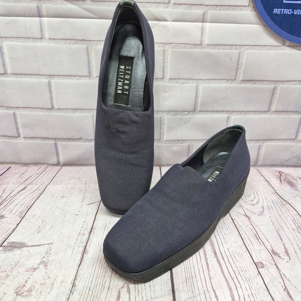 Stuart Weitzman Navy Blue Microfiber Square Toe Platform Loafers Size 6M